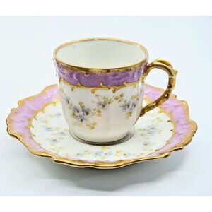 Vintage French Porcelain Tea Cup & Saucer Set With Gold Trim & Floral Design